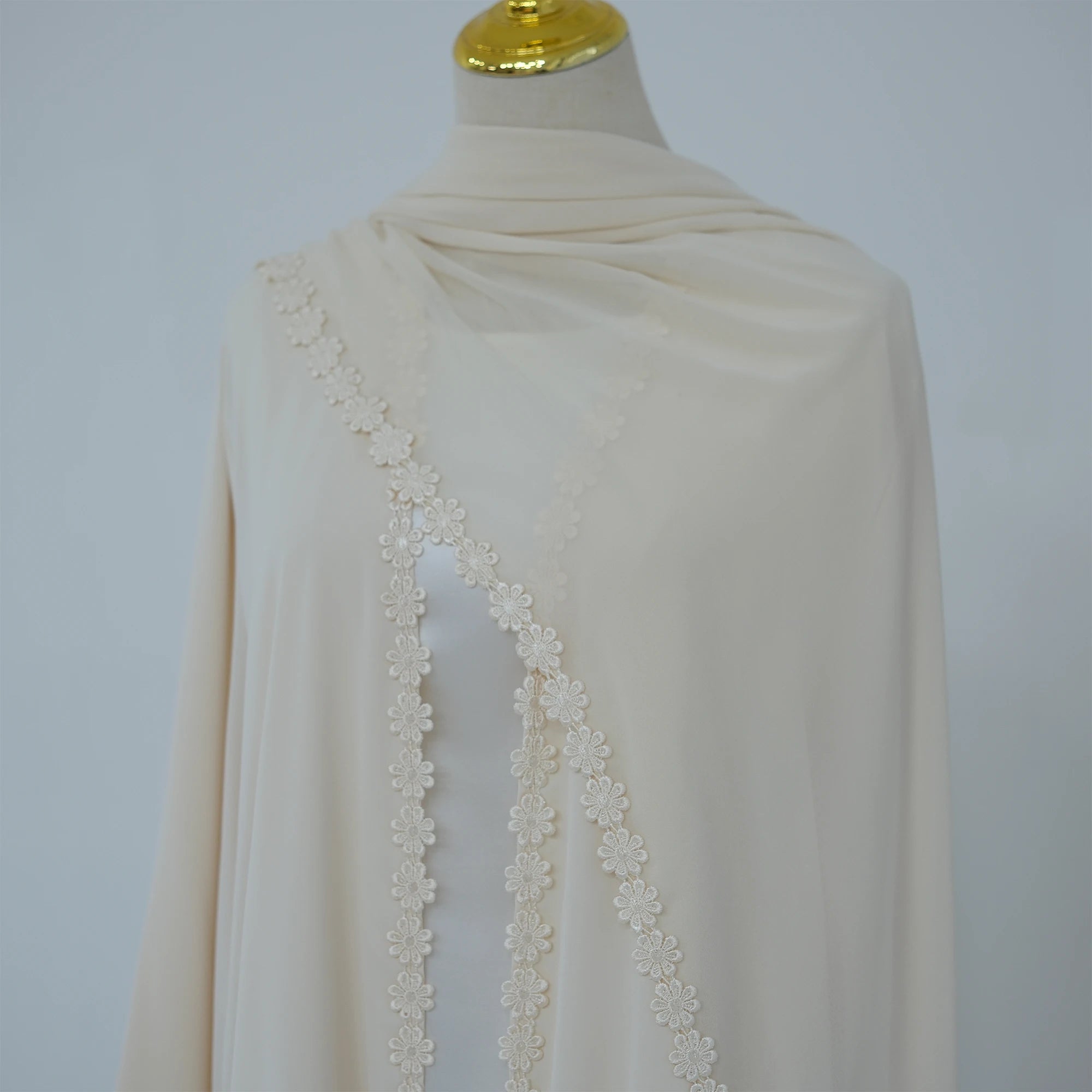 Summer Lace Flower Abaya with Scarf – Open Front Robe, Side Pockets