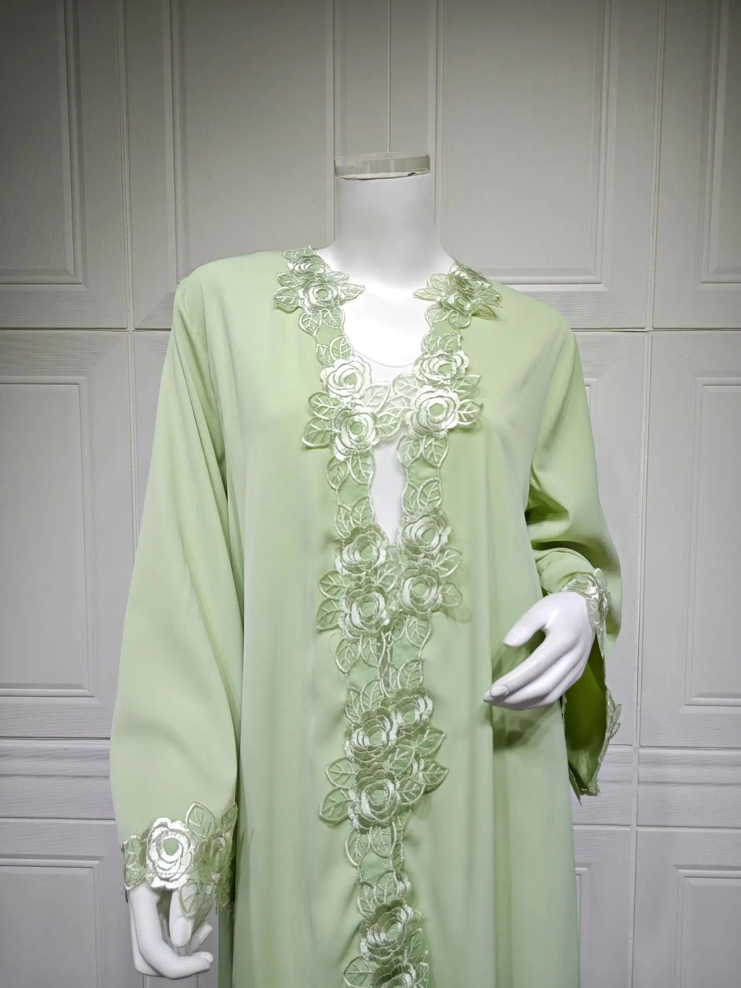 Embroidered Eid Cardigan Robe – Open Front Party Abaya in Green | AbayaVida