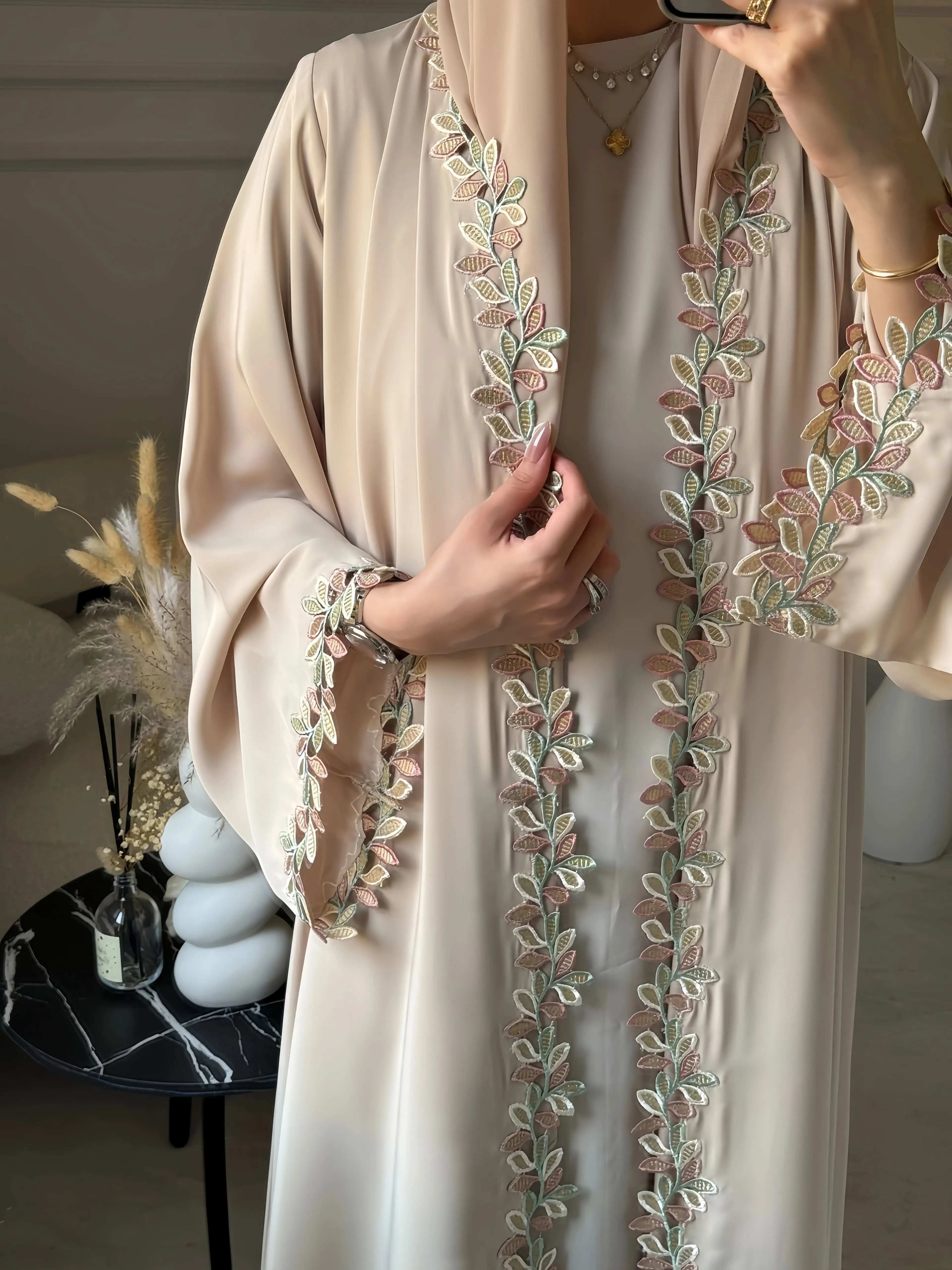 Beige Harmony Embroidered Abaya - Abaya Vida