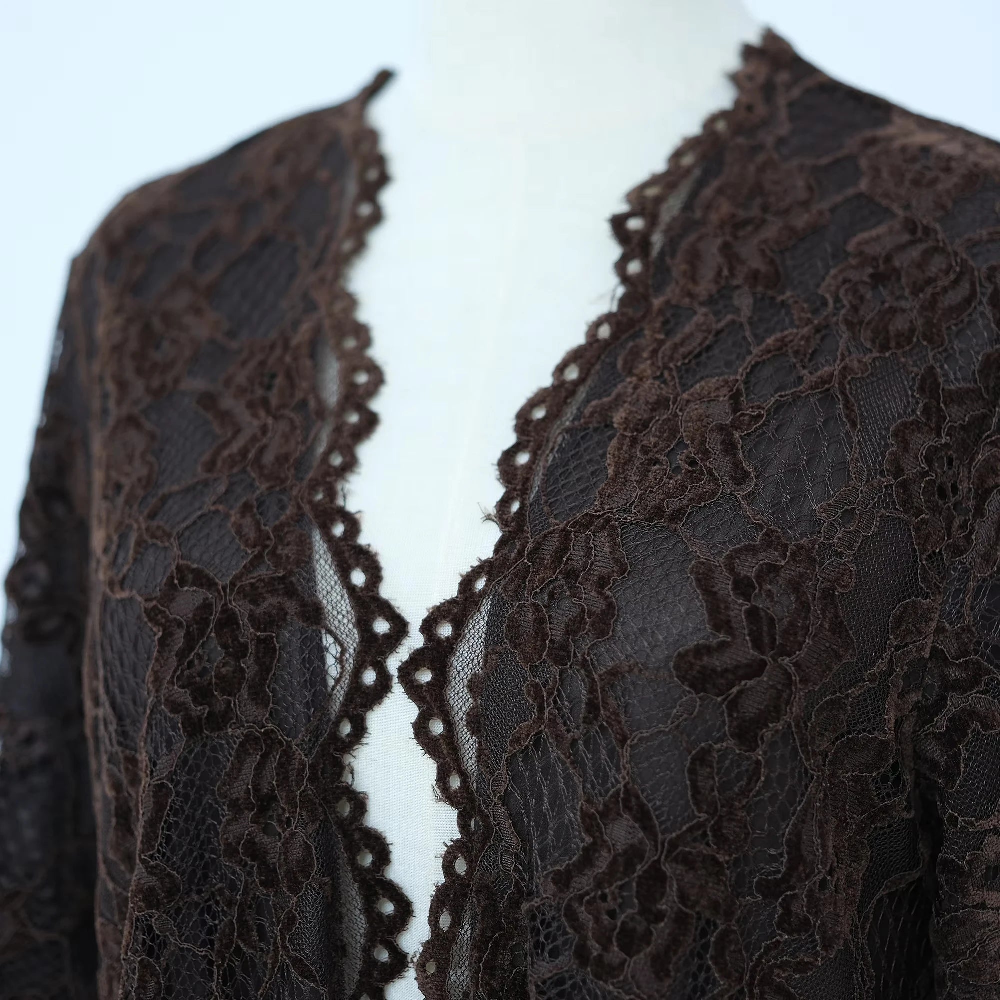 Zahraa Beaded Kimono Abaya – Lined Lace Open Front Robe - Coffee - M | AbayaVida
