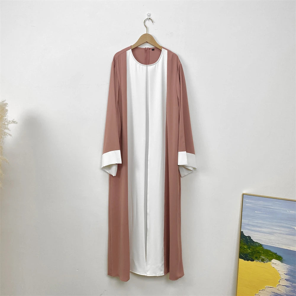 Luxury Splicing Faux Two-Piece Abaya – Zip Front Colour-Block Robe