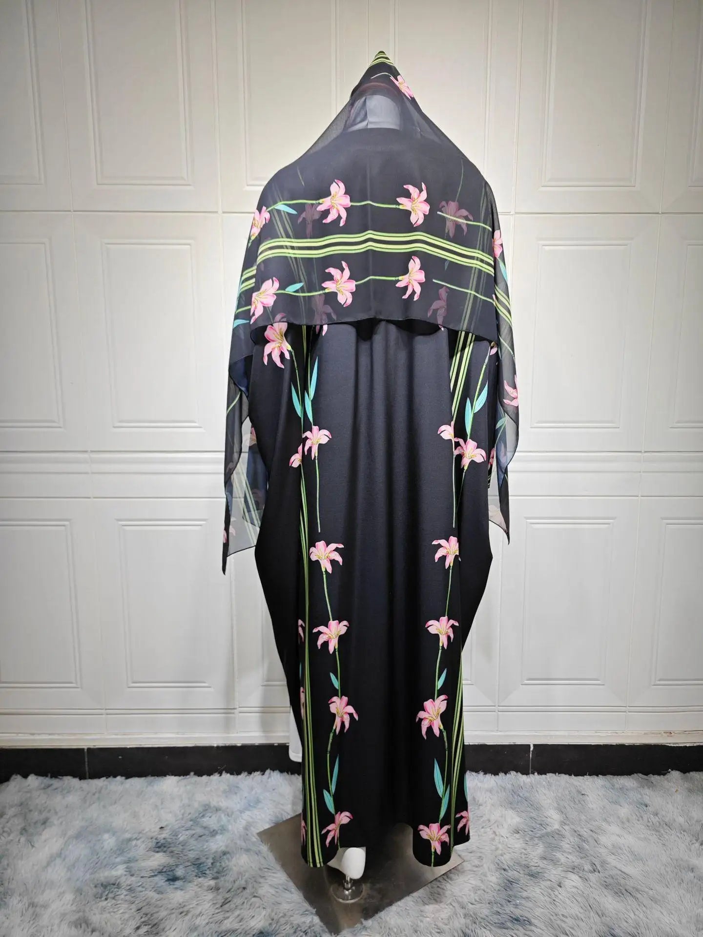 Embroidered Two-Piece Cardigan Abaya with Hijab – Button Closure, One Size