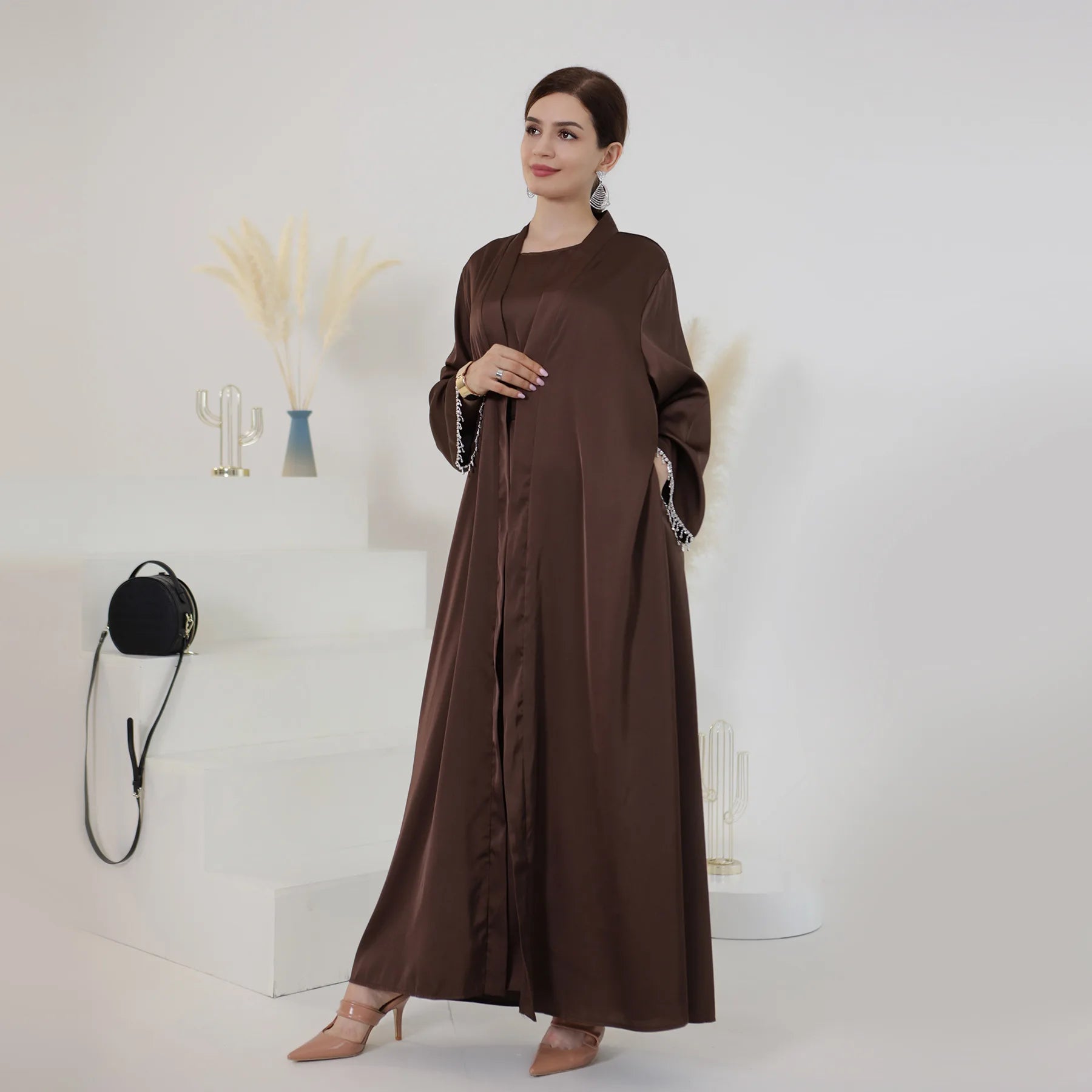 Nida Crystal Chain Evening Set – Cardigan, Dress & Chain - Coffee - M | AbayaVida