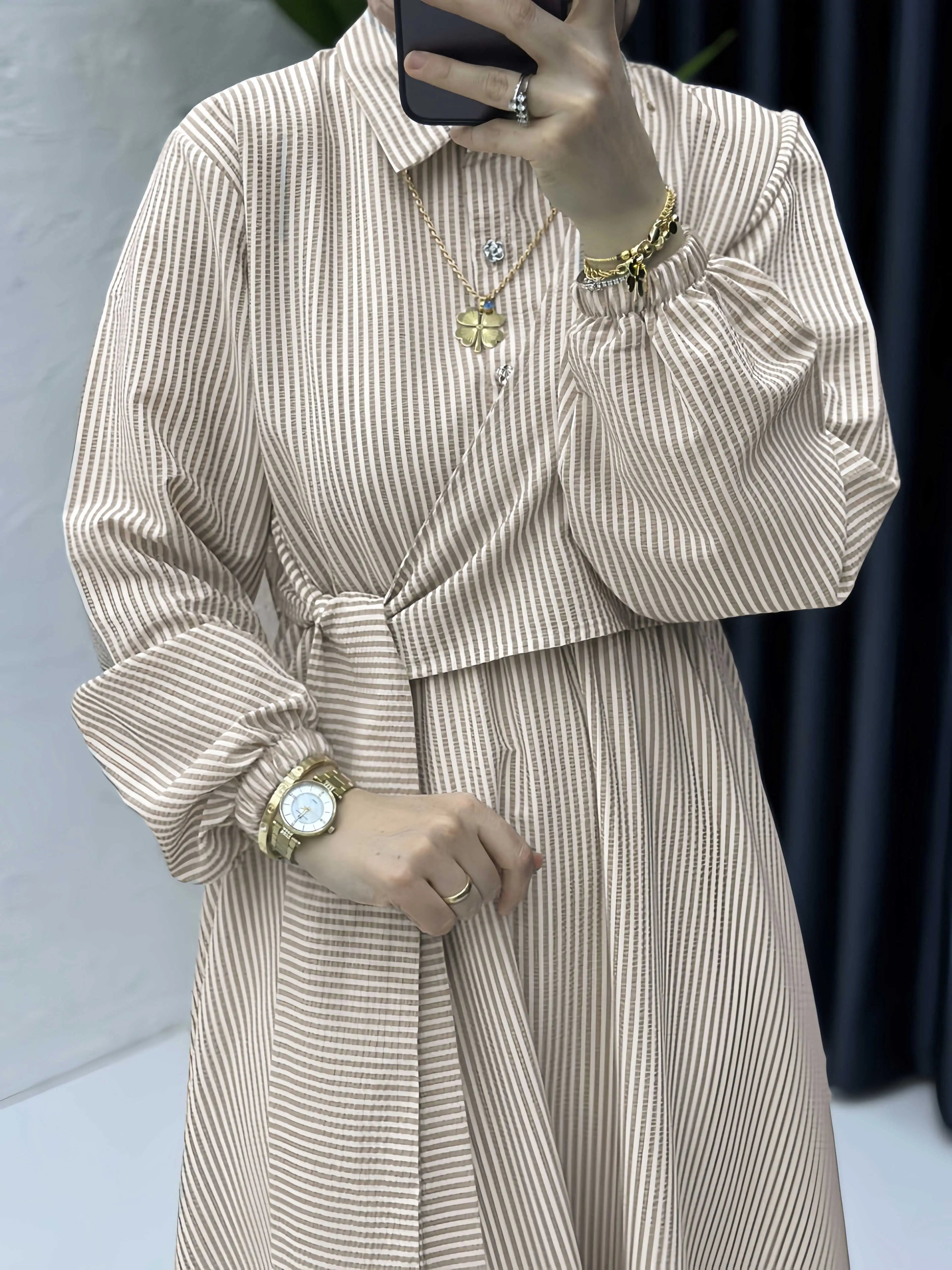 Belted Striped Modest Dress – Shirt Neckline Commute Robe | AbayaVida