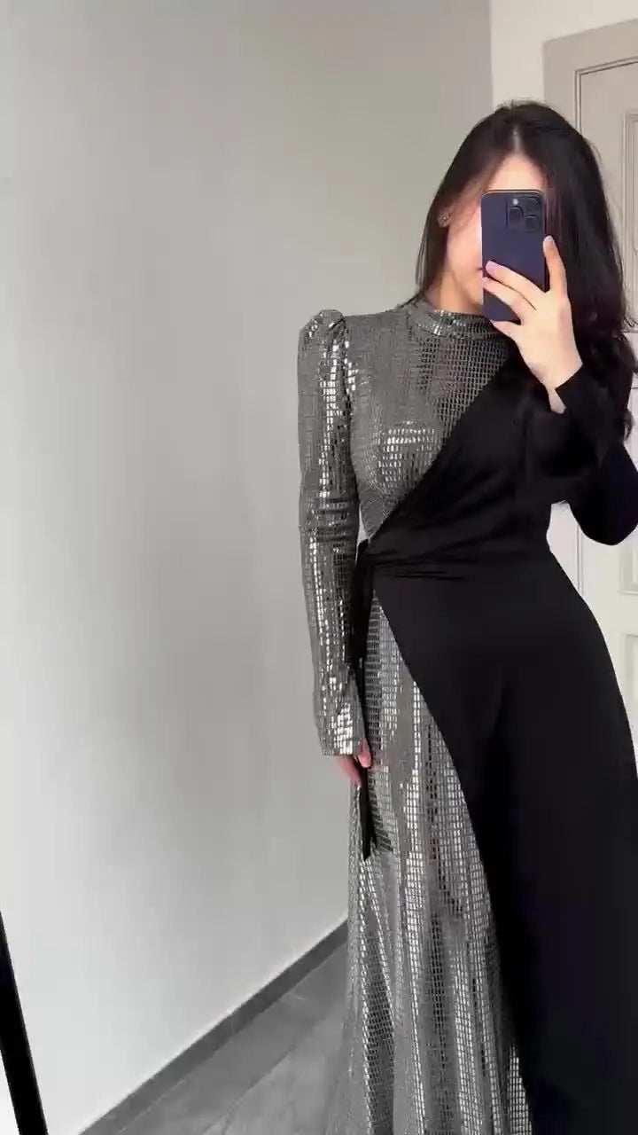 Radiant Sequin High Collar Abaya - Abaya Vida
