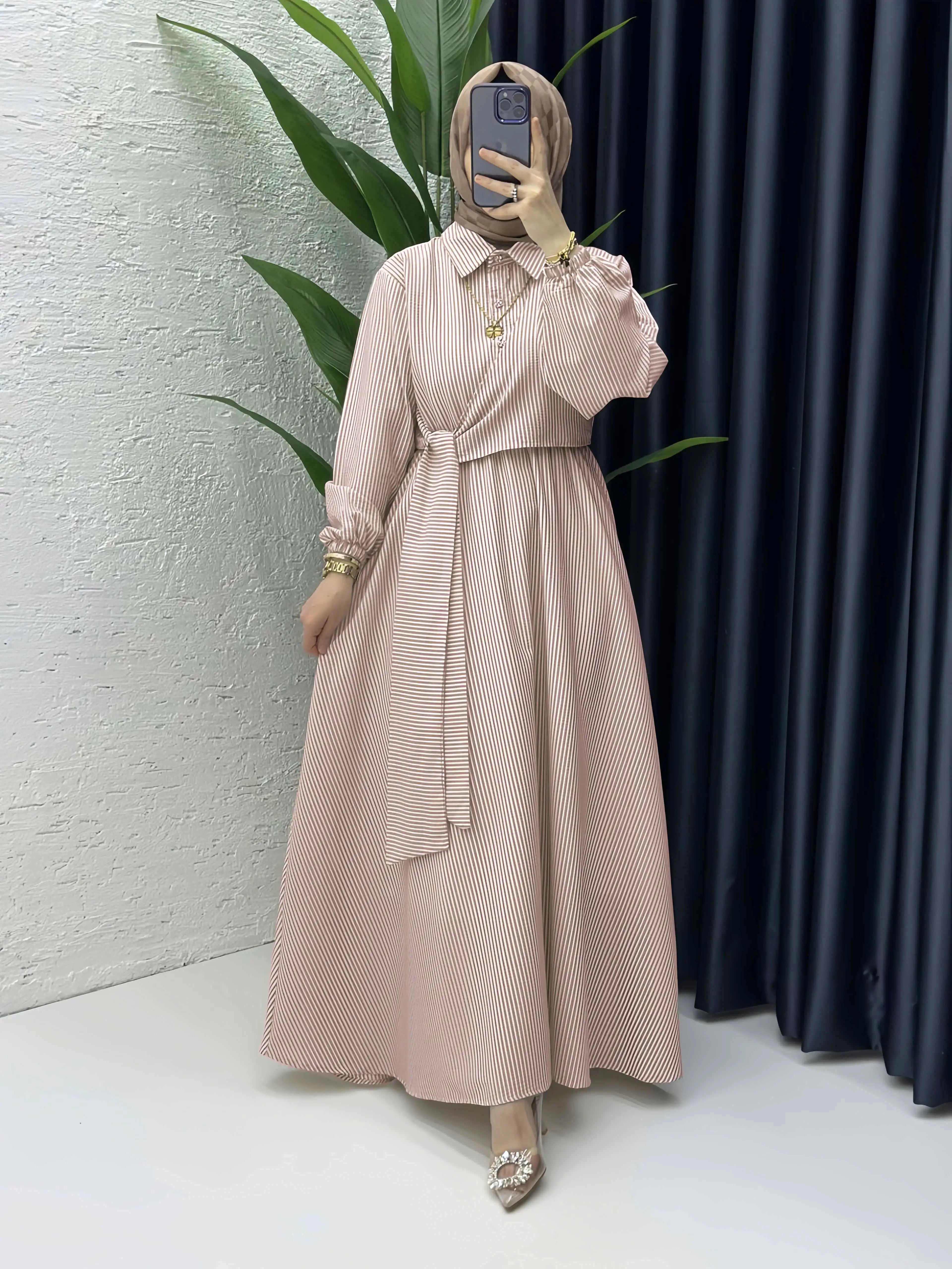 Belted Striped Modest Dress – Shirt Neckline Commute Robe | AbayaVida