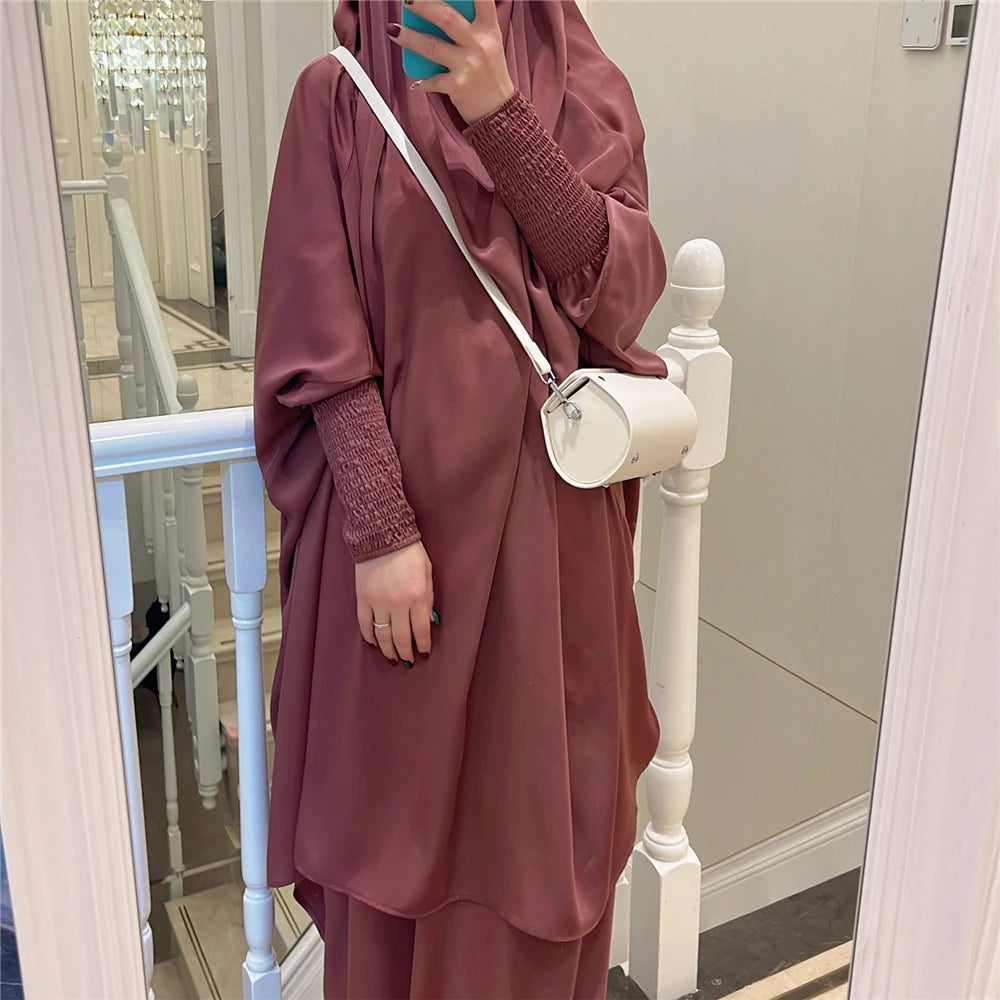Eid Djellaba Kebaya Two-Piece Set – Hooded Satin Khimar & Skirt, One Size