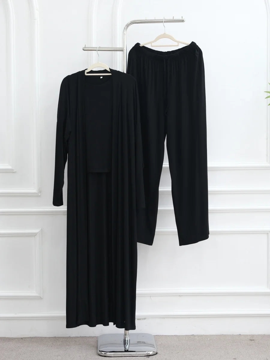 Dubai Three-Piece Abaya Set – Cardigan, Top & Trousers Coordinated Outfit