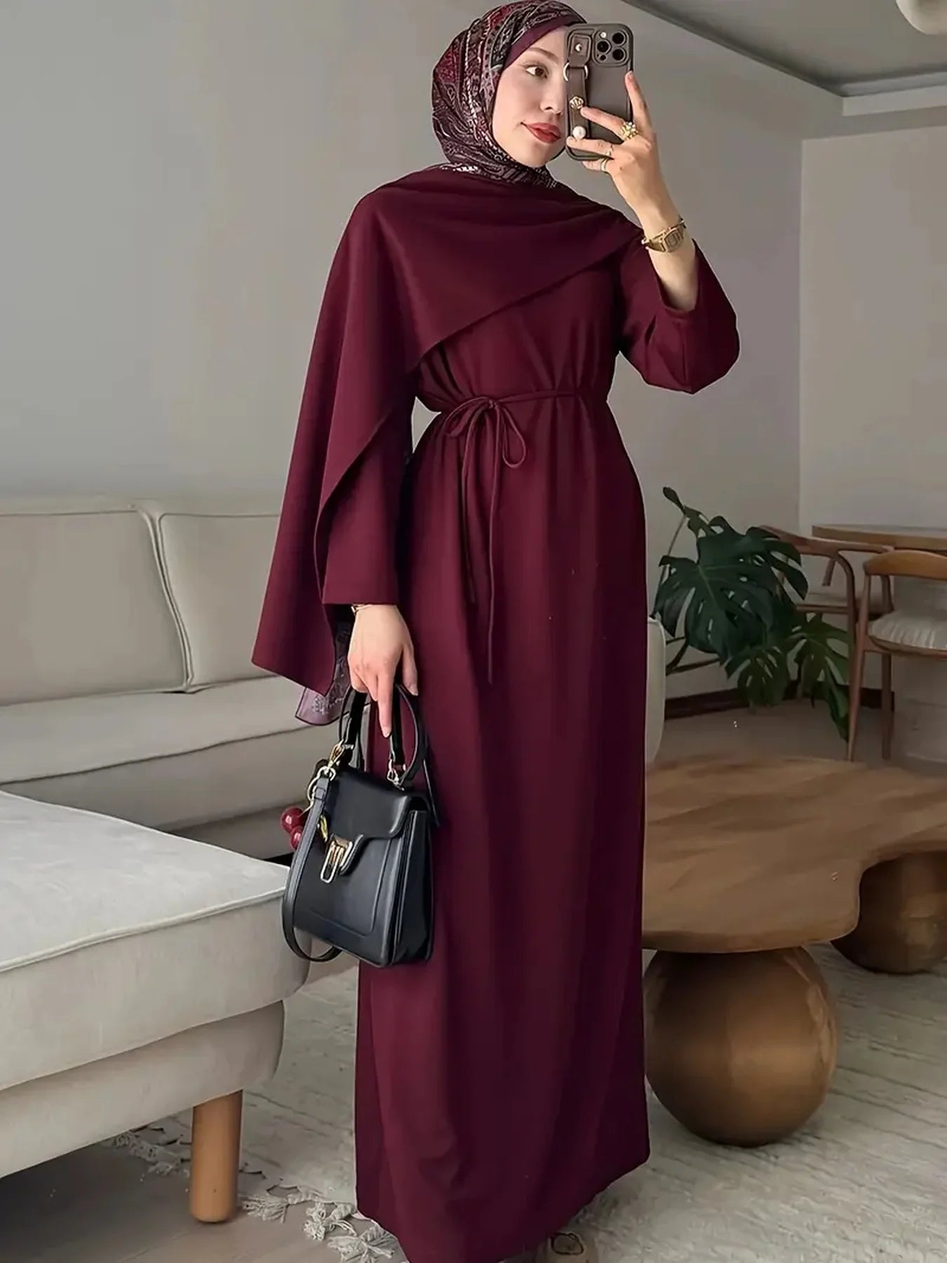 Lace-Up Solid Colour Abaya Dress – Elegant Long Sleeve Robe