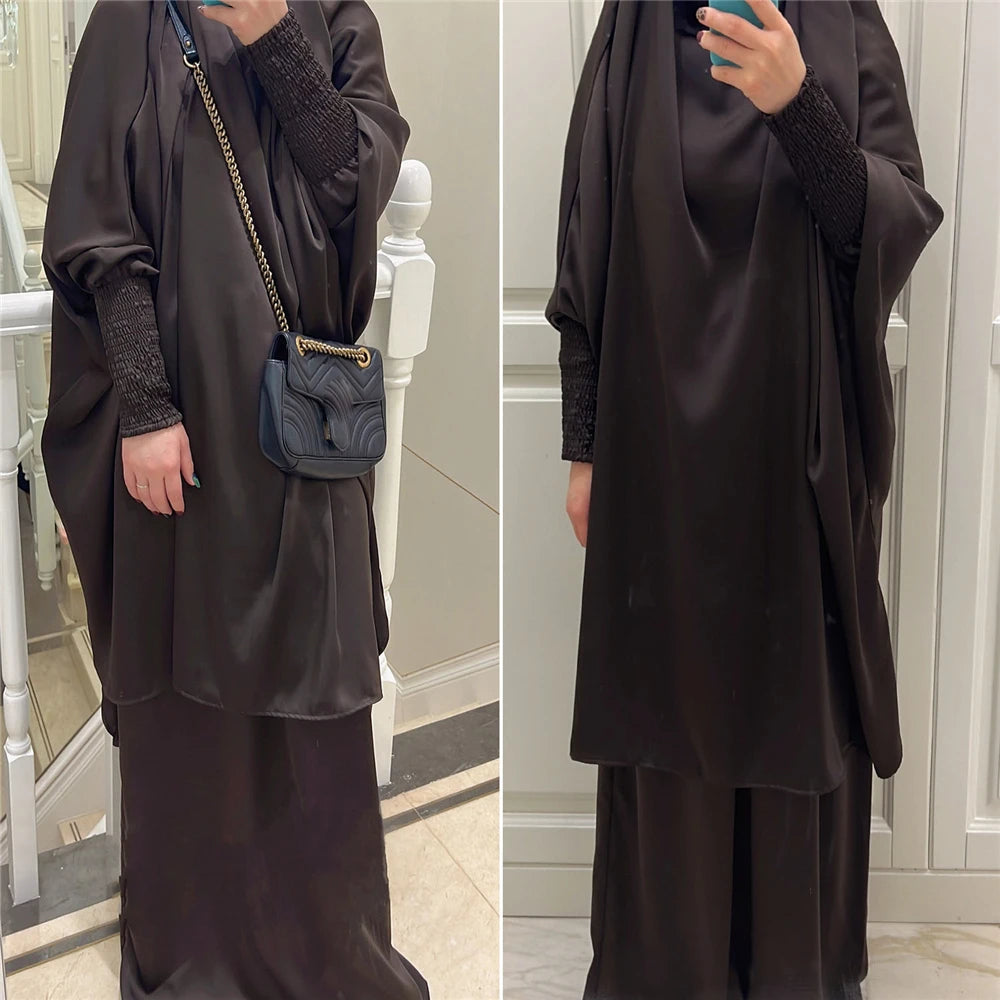 Eid Djellaba Kebaya Two-Piece Set – Hooded Satin Khimar & Skirt, One Size