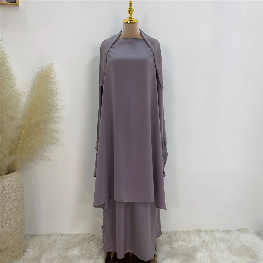 Eid Djellaba Kebaya Two-Piece Set – Hooded Satin Khimar & Skirt, One Size
