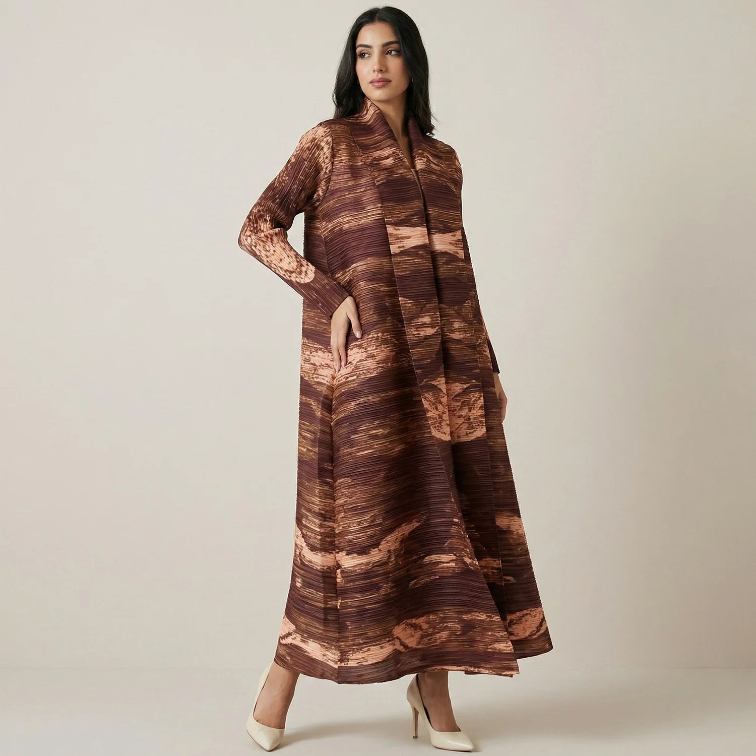 Pleated Stand Collar Abaya – Chic Open Front Robe, One Size
