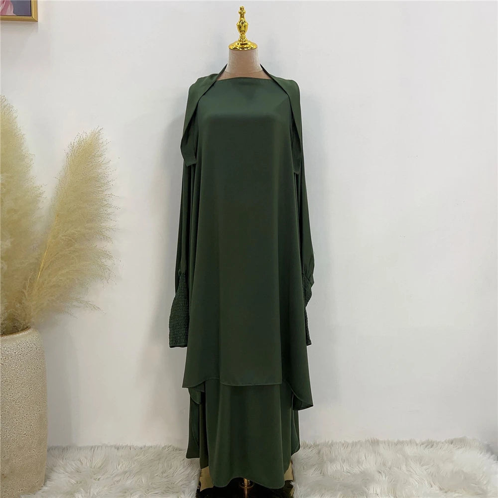Eid Djellaba Kebaya Two-Piece Set – Hooded Satin Khimar & Skirt, One Size