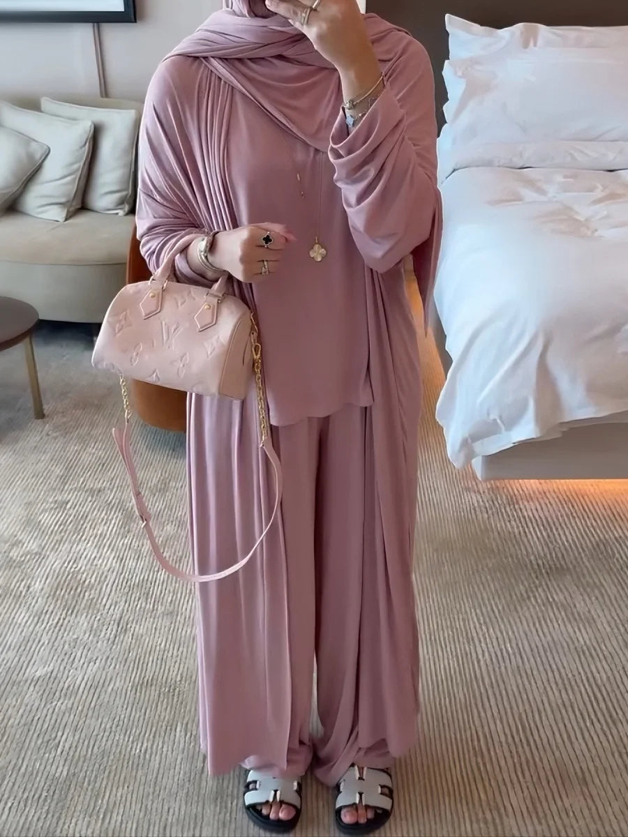 Dubai Three-Piece Abaya Set – Cardigan, Top & Trousers Coordinated Outfit