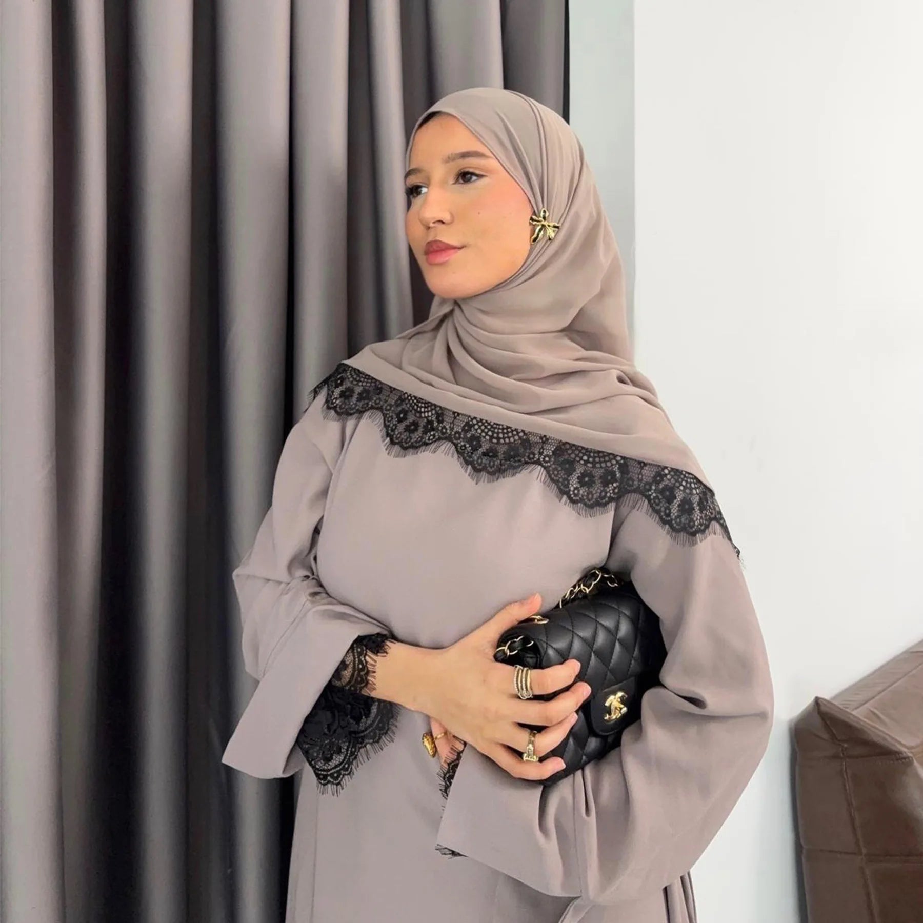 Lace Hijab Dress Suit – Elegant Closed Front Abaya - Black - L | AbayaVida