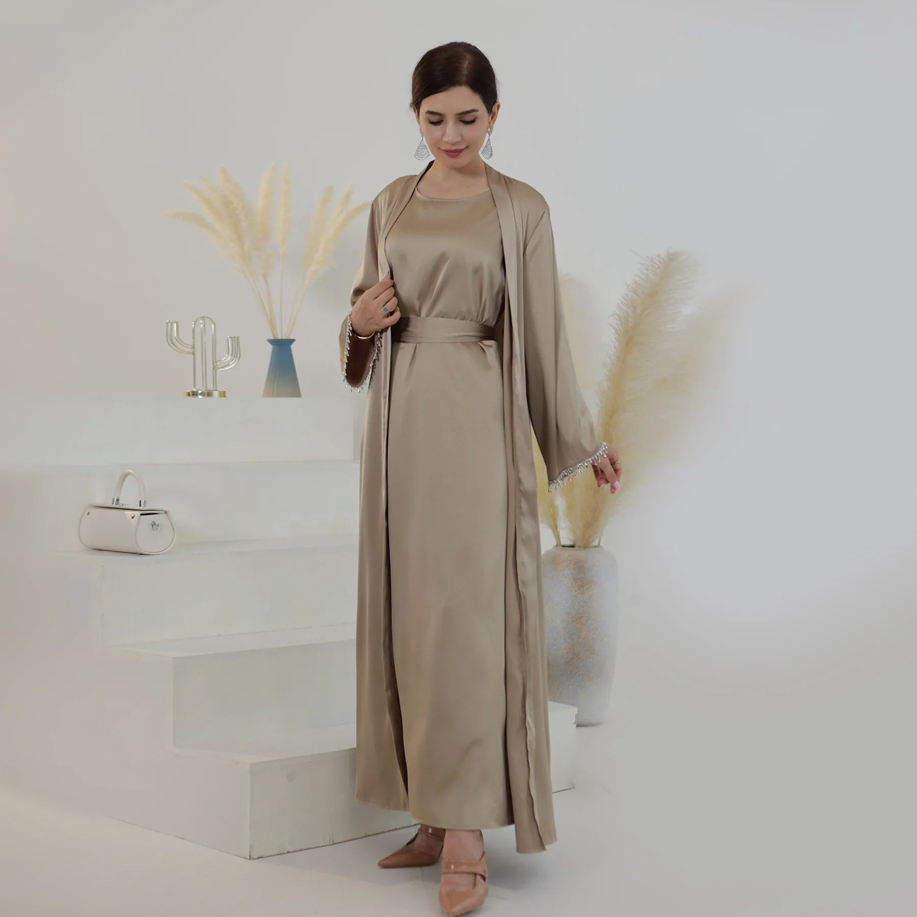 Nida Crystal Chain Evening Set – Cardigan, Dress & Chain - Grey - XL | AbayaVida