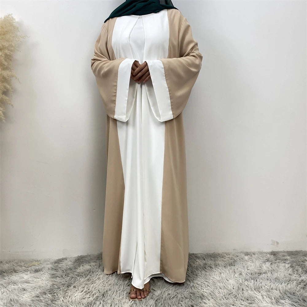 Luxury Splicing Faux Two-Piece Abaya – Zip Front Colour-Block Robe