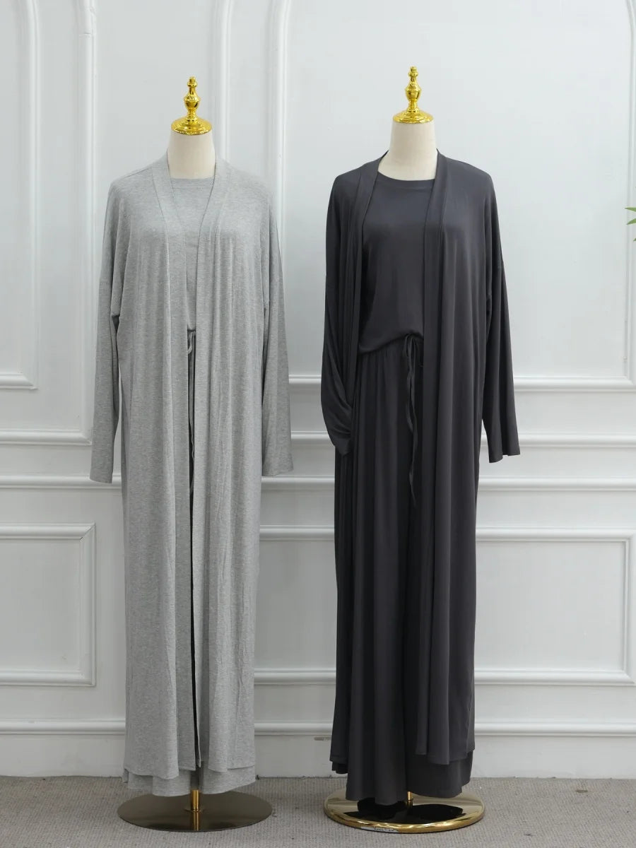 Dubai Three-Piece Abaya Set – Cardigan, Top & Trousers Coordinated Outfit