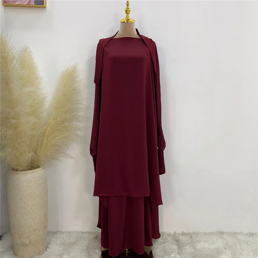 Eid Djellaba Kebaya Two-Piece Set – Hooded Satin Khimar & Skirt, One Size