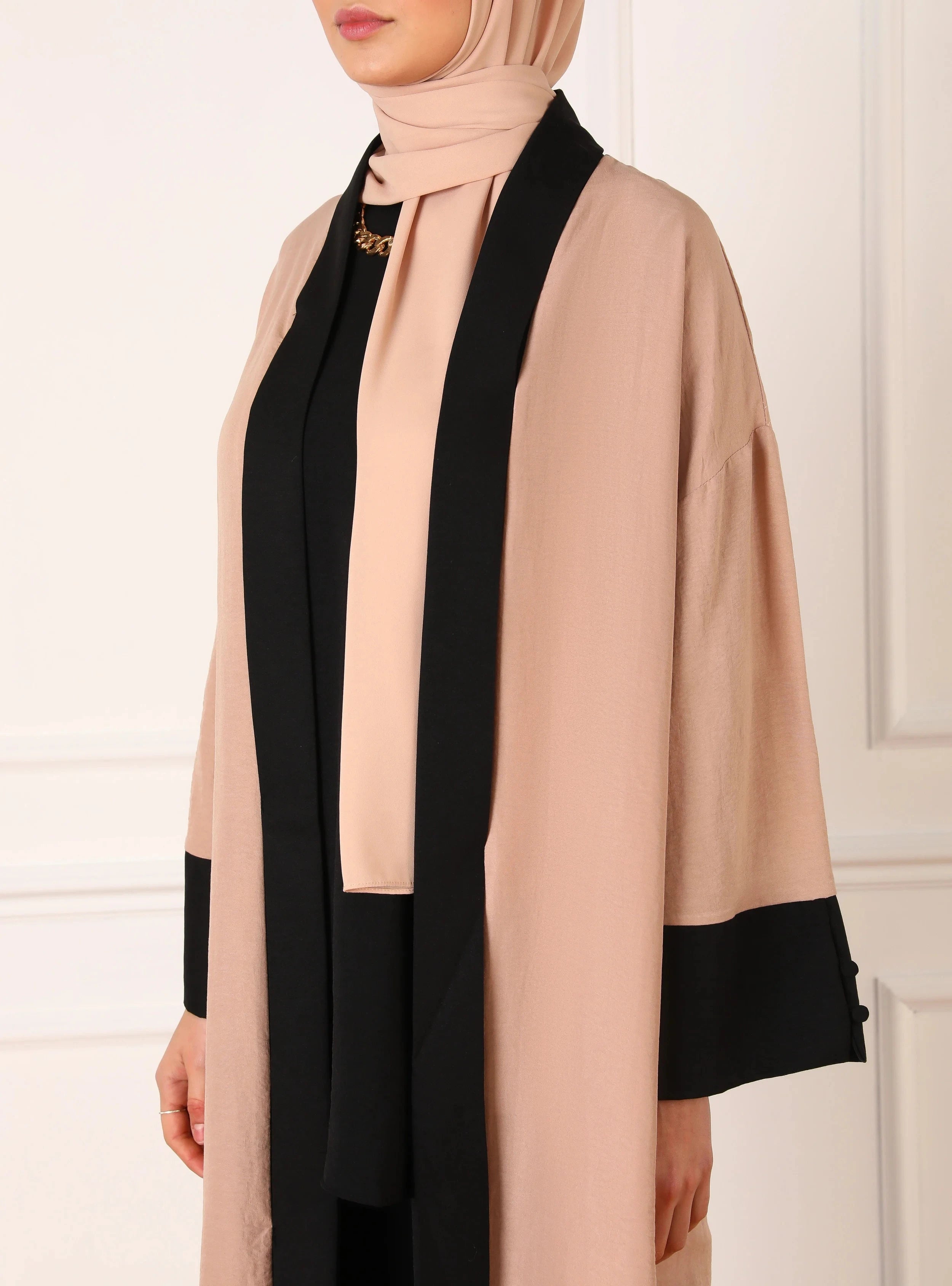 Pink Patchwork Abaya Cardigan – Open Front Robe | AbayaVida