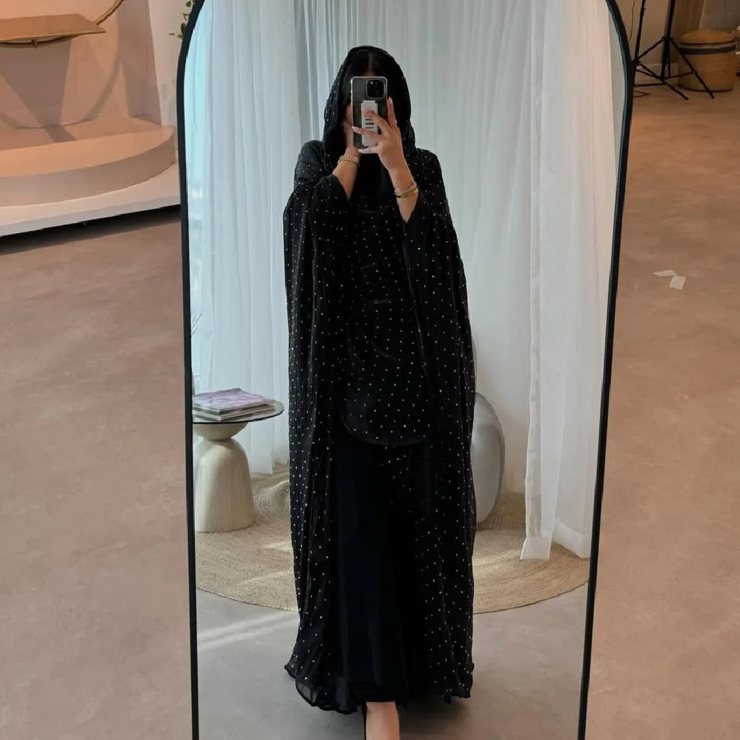 Wave Point Open Kimono Abaya – Black Layering Robe