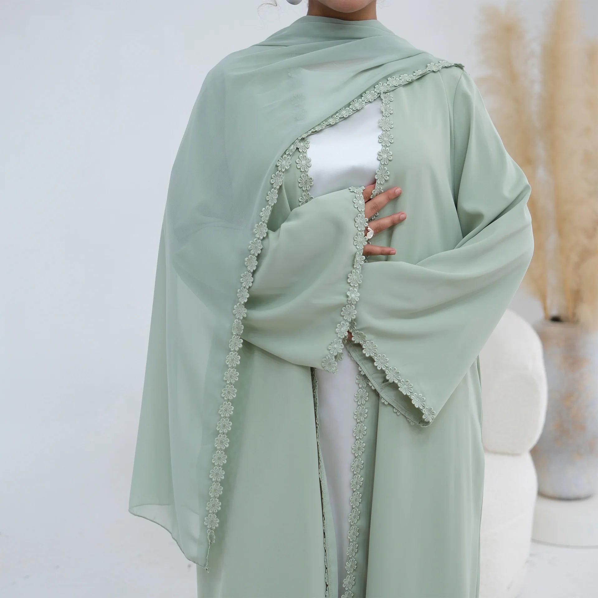 Eid Abaya with Hijab Set – Lace Detail Open Front Robe