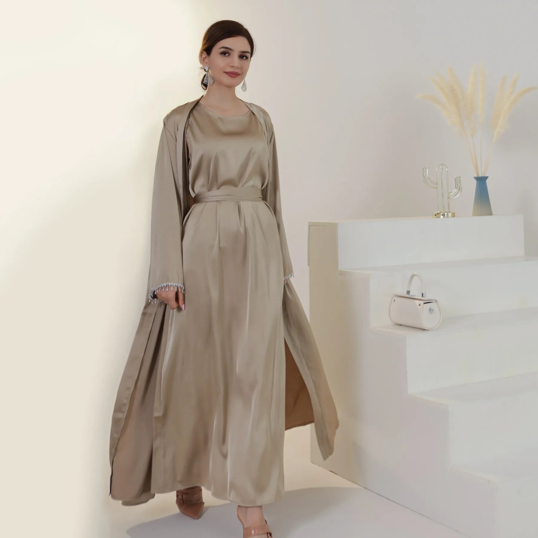 Nida Crystal Chain Evening Set – Cardigan, Dress & Chain - Black - S | AbayaVida