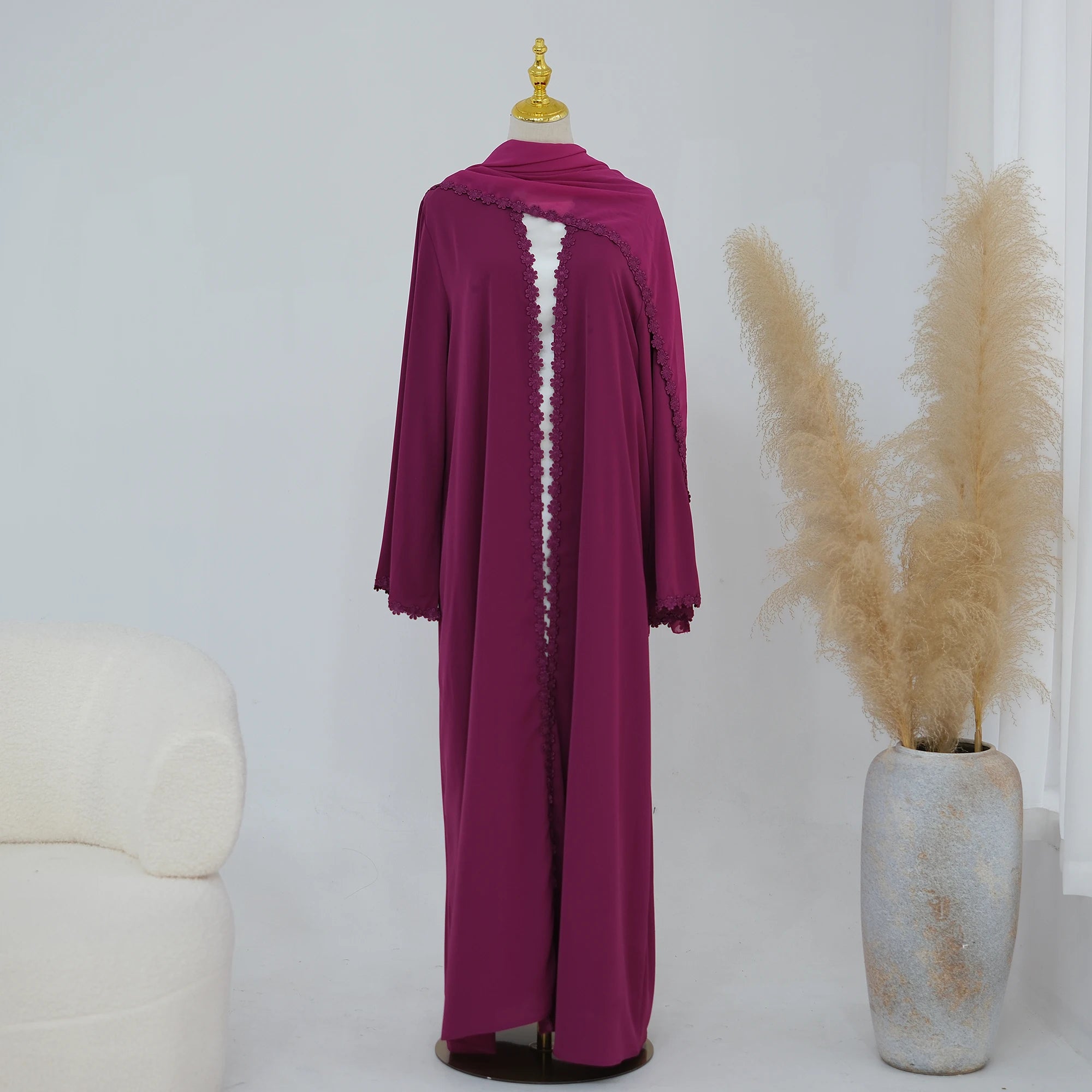 Summer Lace Flower Abaya with Scarf – Open Front Robe, Side Pockets