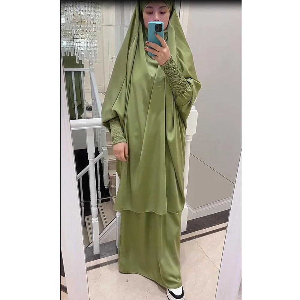 Eid Djellaba Kebaya Two-Piece Set – Hooded Satin Khimar & Skirt, One Size