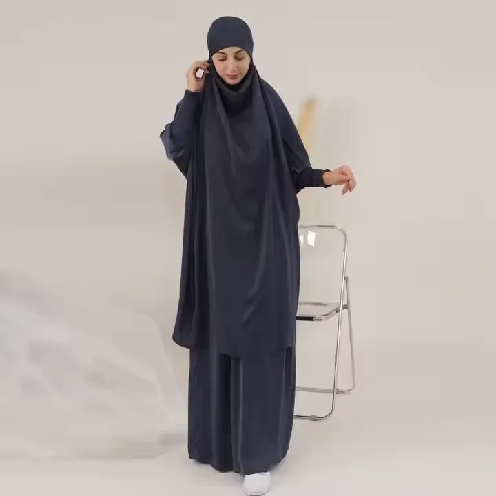 Eid Djellaba Kebaya Two-Piece Set – Hooded Satin Khimar & Skirt, One Size