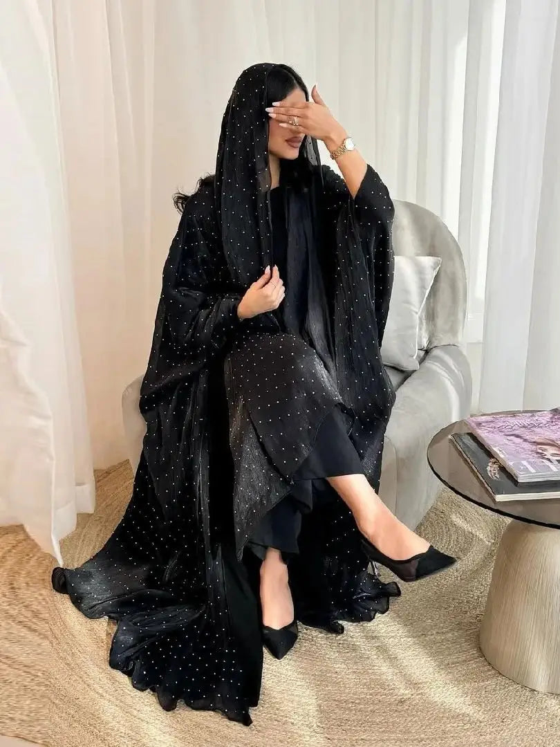 Wave Point Open Kimono Abaya – Black Layering Robe