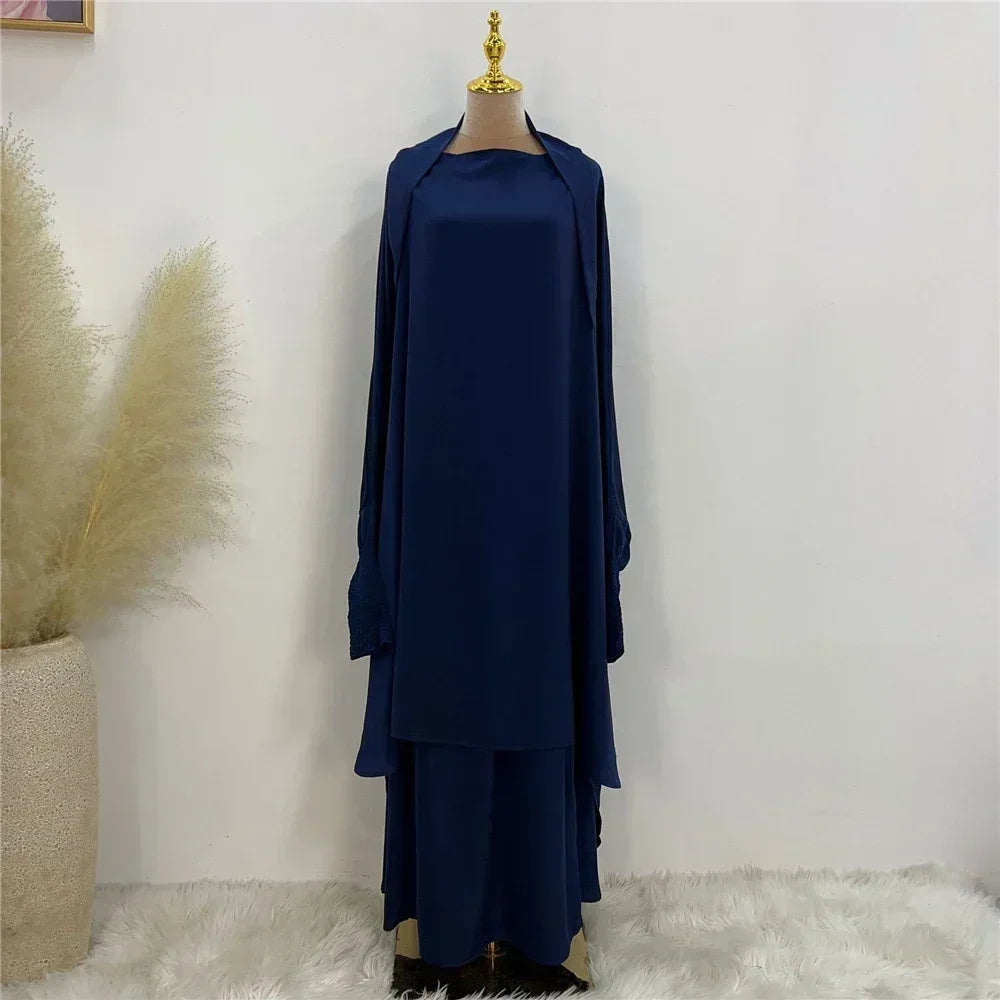 Eid Djellaba Kebaya Two-Piece Set – Hooded Satin Khimar & Skirt, One Size