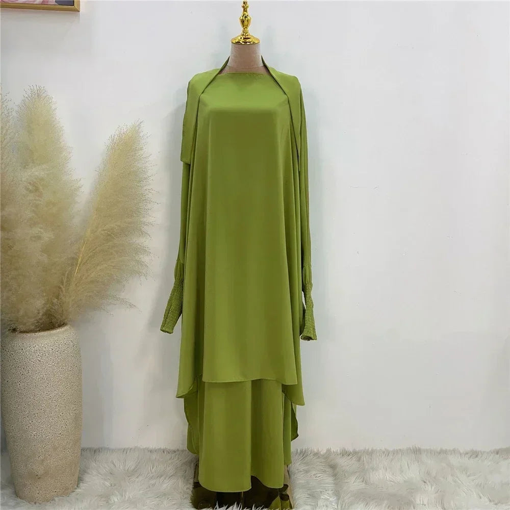 Eid Djellaba Kebaya Two-Piece Set – Hooded Satin Khimar & Skirt, One Size