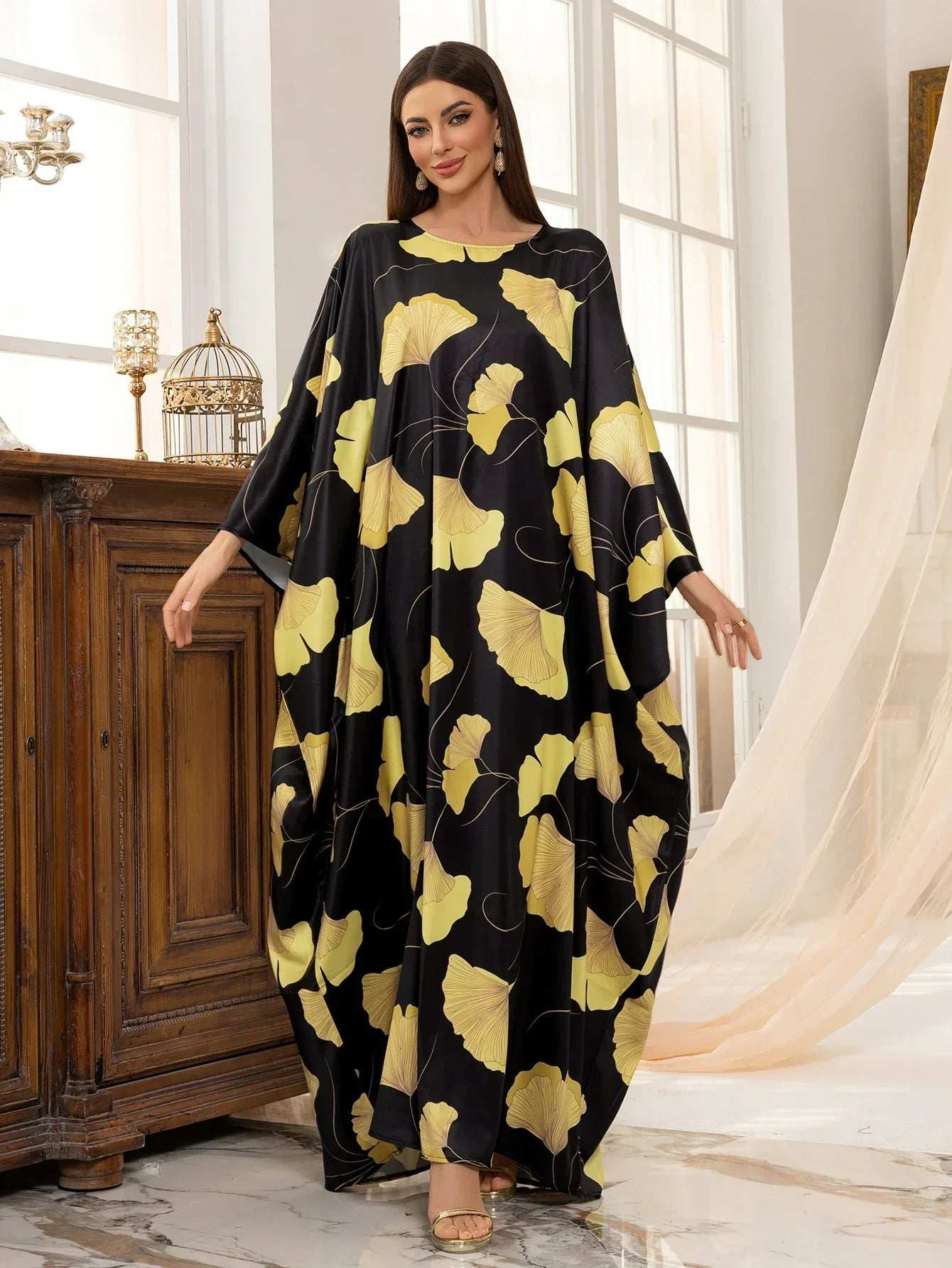 Golden Ginkgo Printed Abaya - Abaya Vida