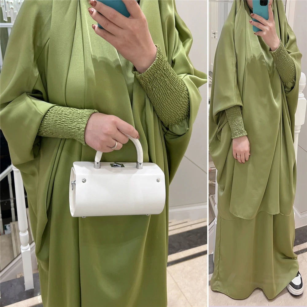 Eid Djellaba Kebaya Two-Piece Set – Hooded Satin Khimar & Skirt, One Size