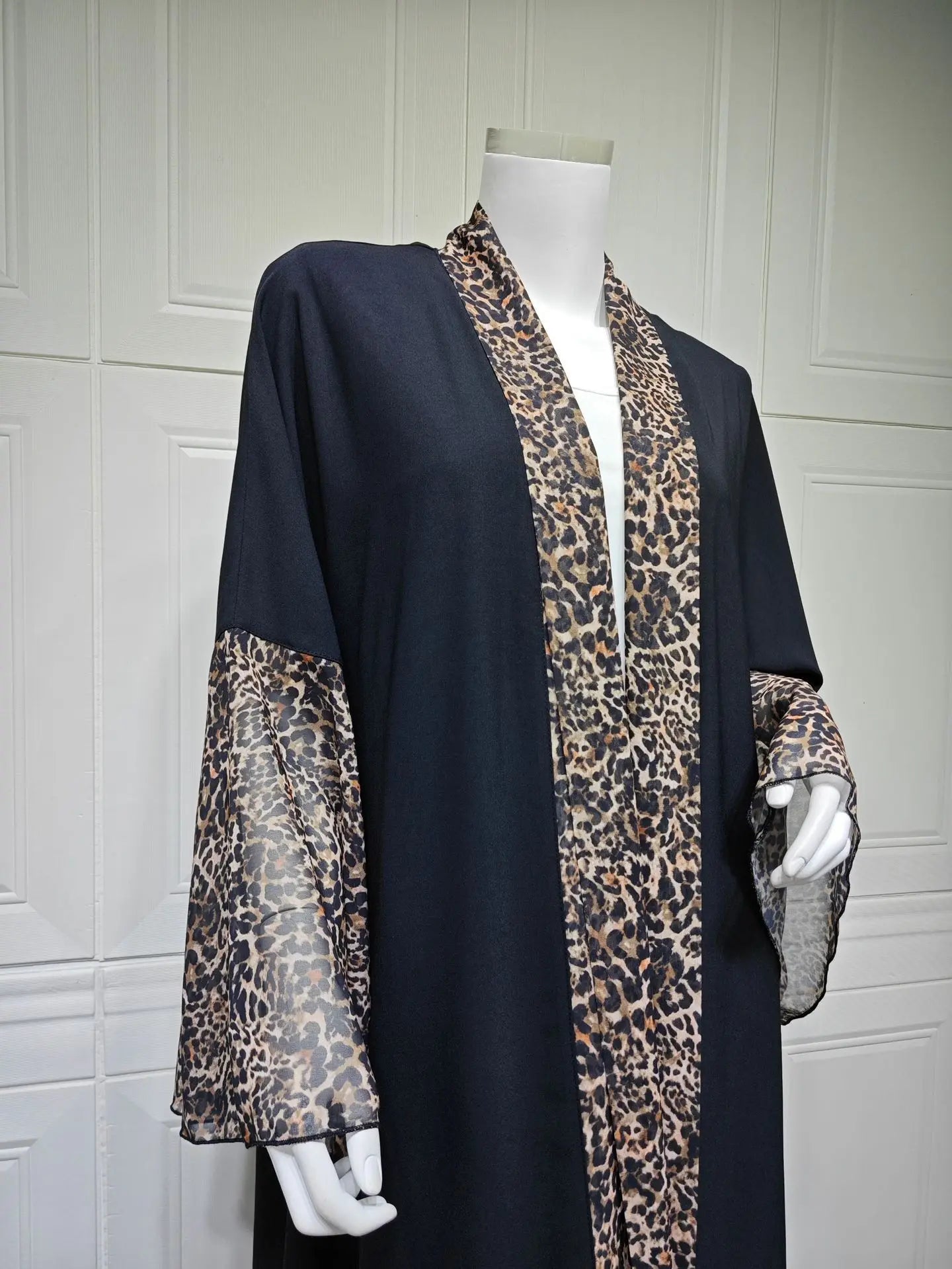 Leopard Trim Chiffon Abaya Set with Hijab – Open Front Kaftan | AbayaVida