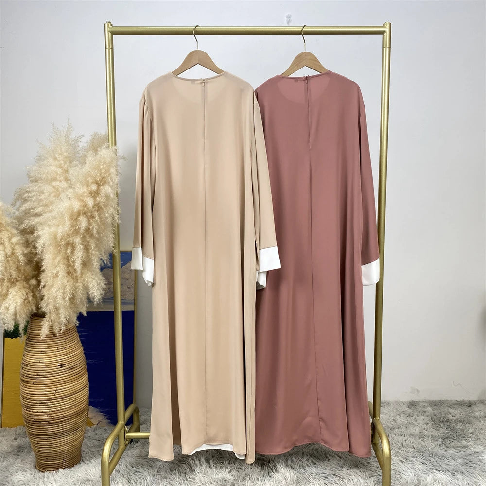 Luxury Splicing Faux Two-Piece Abaya – Zip Front Colour-Block Robe
