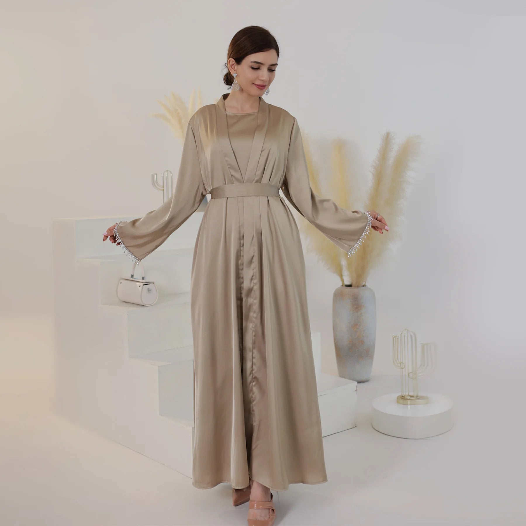 Nida Crystal Chain Evening Set – Cardigan, Dress & Chain - Grey - M | AbayaVida