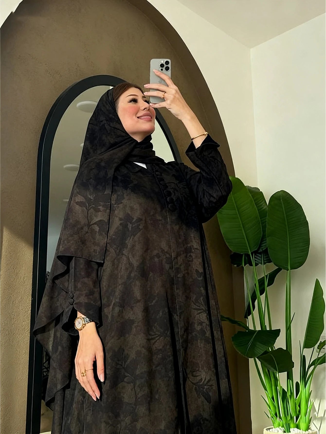 Printed Abaya with Headscarf – Traditional Festival Robe, One Size