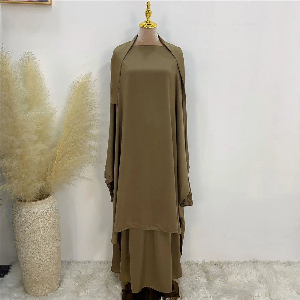 Eid Djellaba Kebaya Two-Piece Set – Hooded Satin Khimar & Skirt, One Size