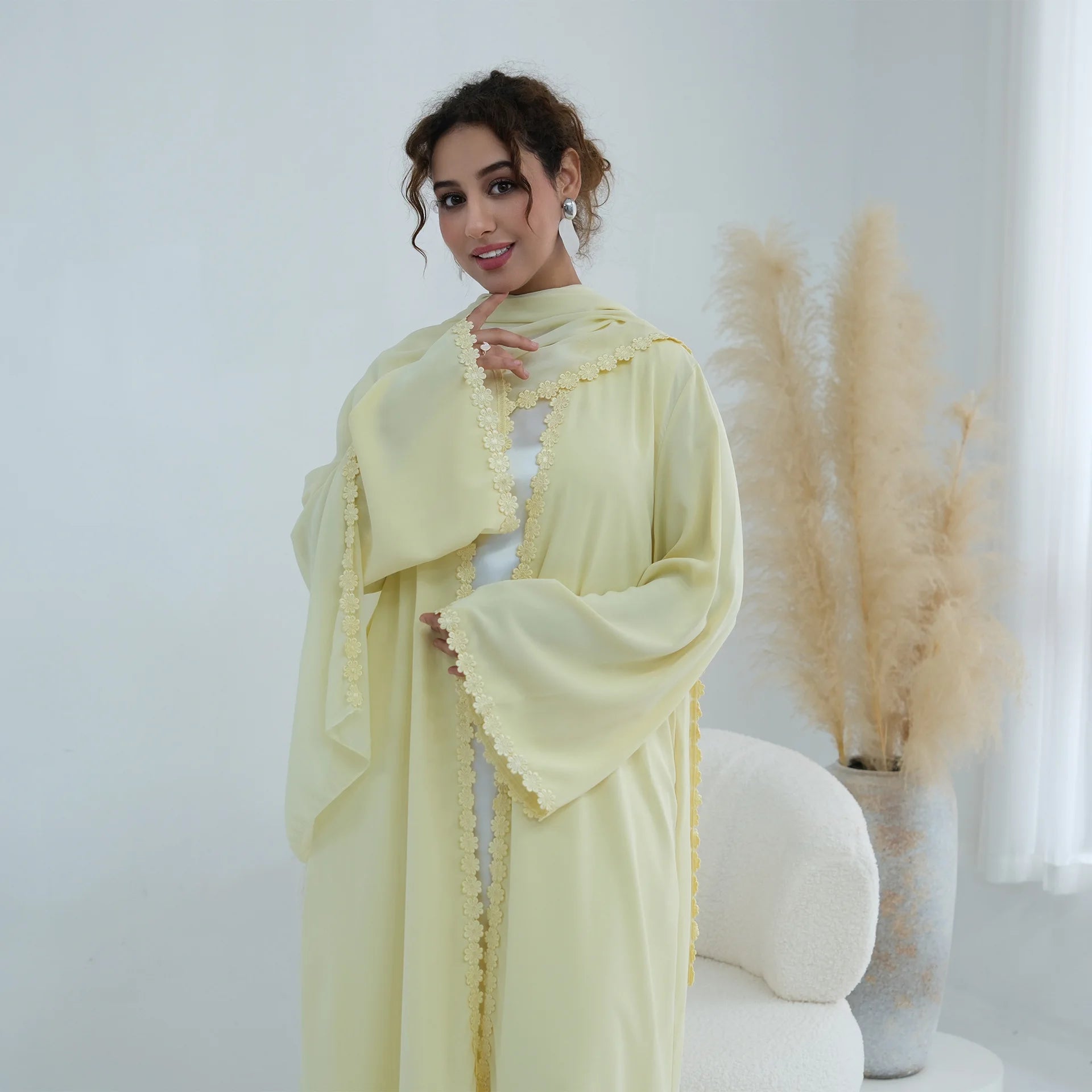 Eid Abaya with Hijab Set – Lace Detail Open Front Robe