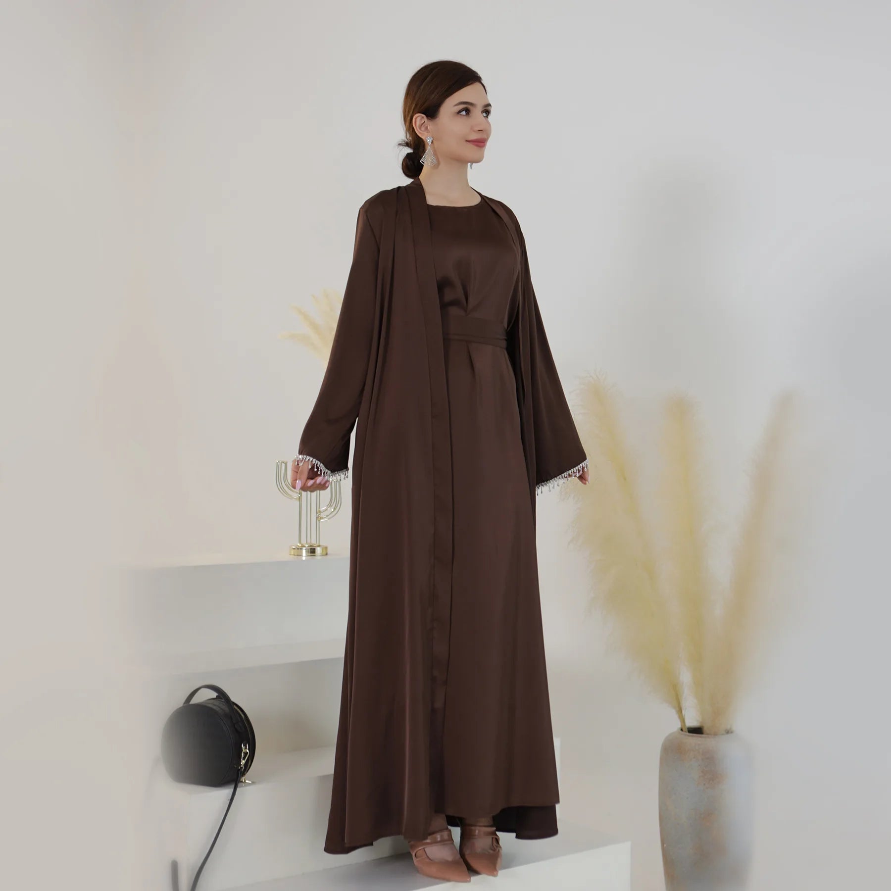 Nida Crystal Chain Evening Set – Cardigan, Dress & Chain - Black - M | AbayaVida