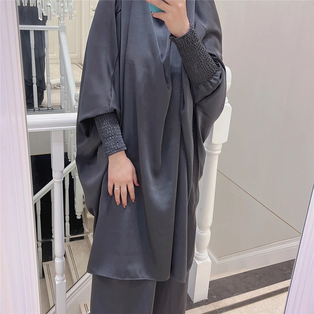 Eid Djellaba Kebaya Two-Piece Set – Hooded Satin Khimar & Skirt, One Size