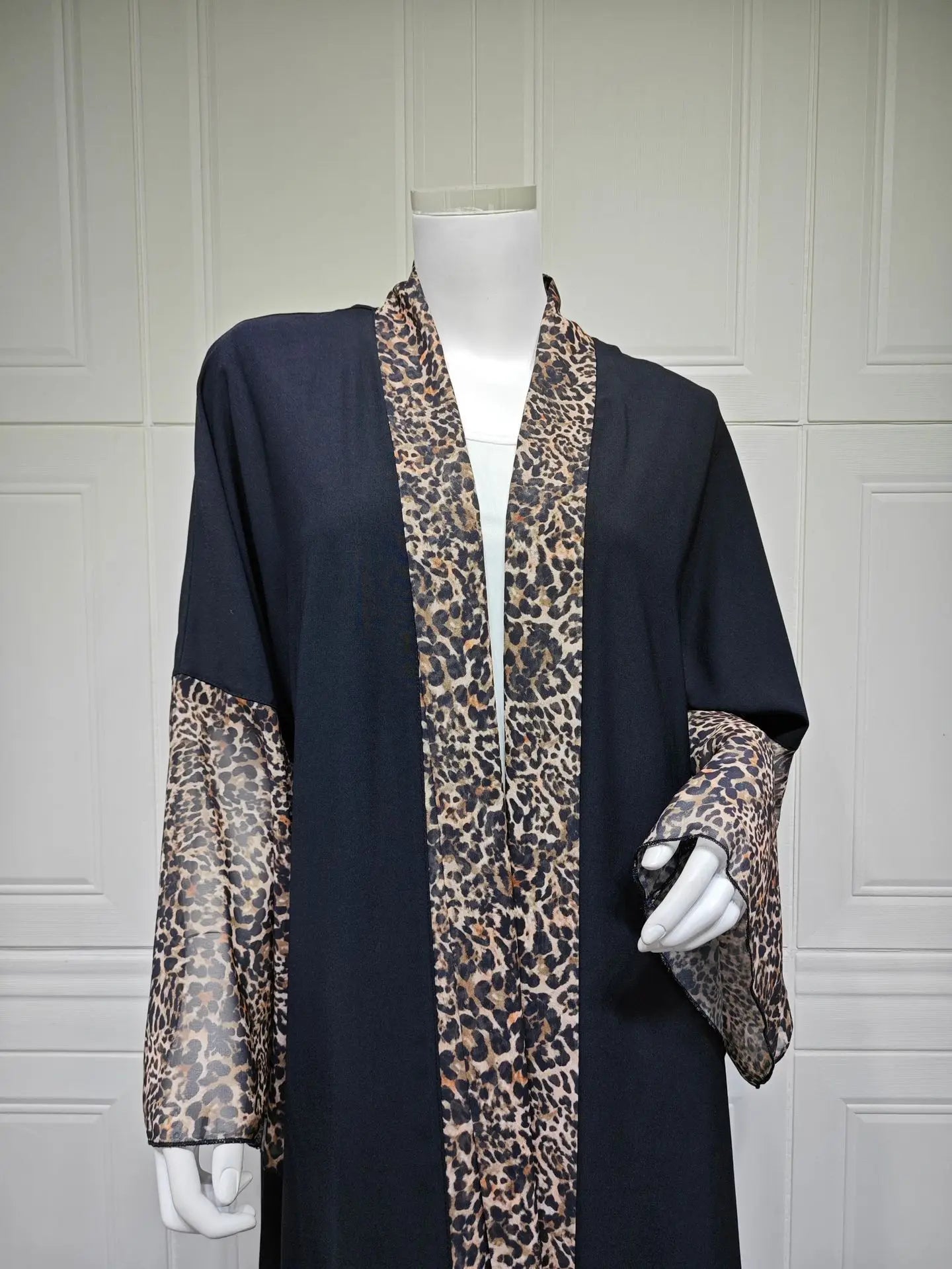 Leopard Trim Chiffon Abaya Set with Hijab – Open Front Kaftan | AbayaVida