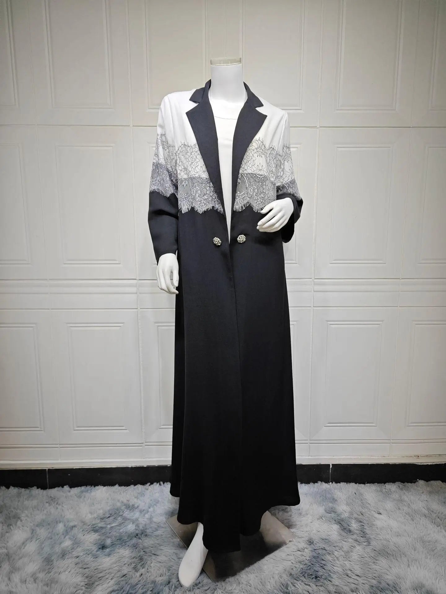 Modest Lace Trim Abaya – Open Front Robe with Lapel Collar