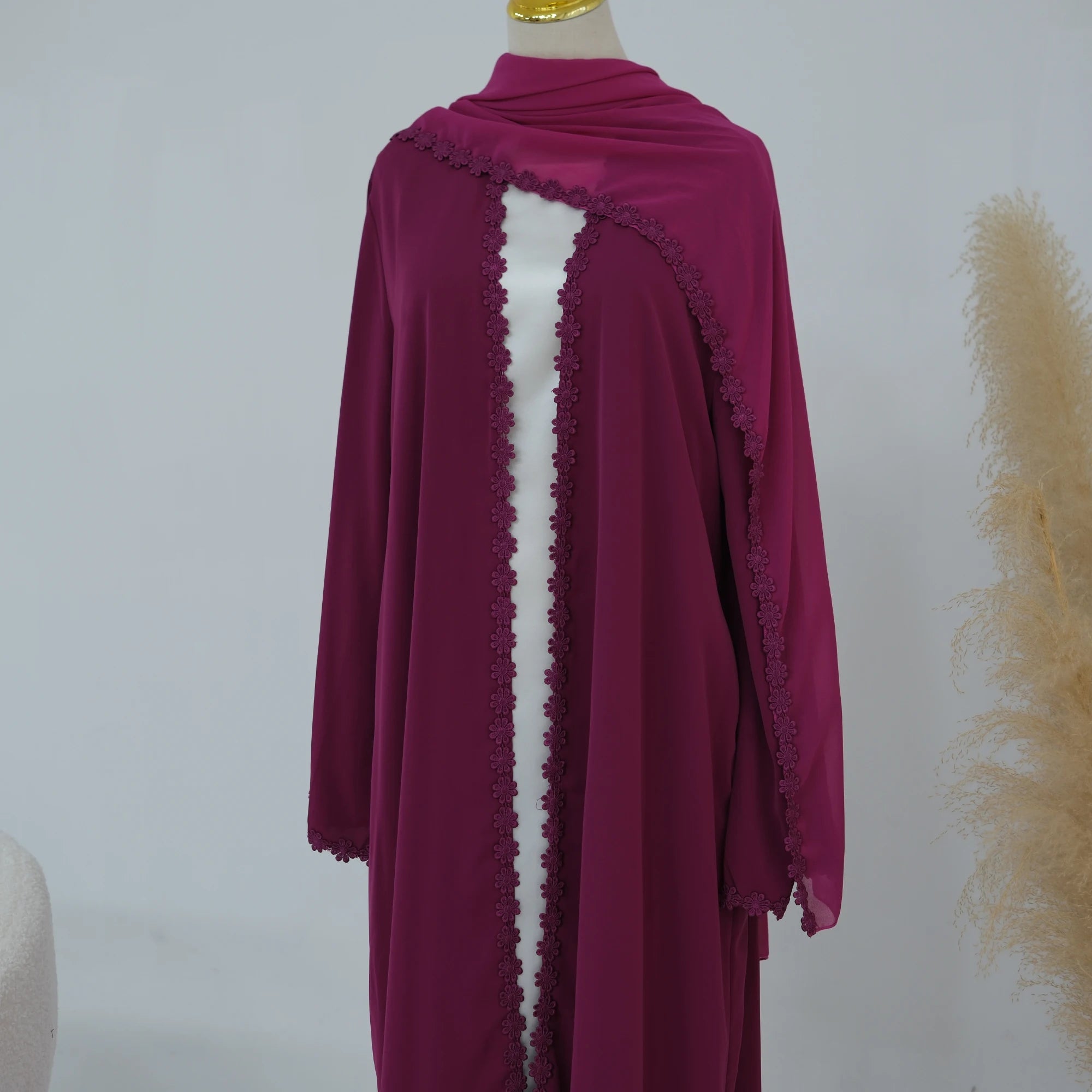 Summer Lace Flower Abaya with Scarf – Open Front Robe, Side Pockets