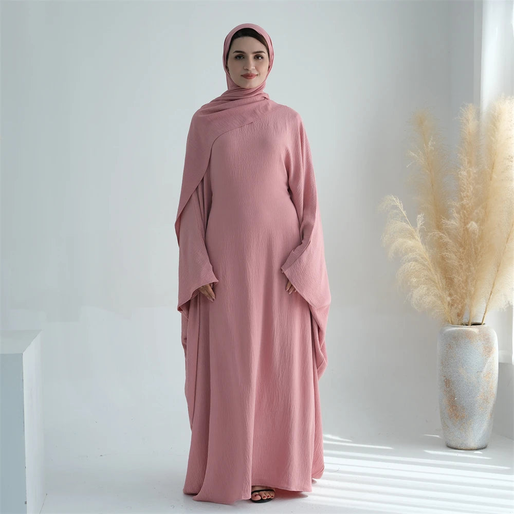Soft Crepe Khimar Batwing Set with Hijab – Pullover Prayer Dress - Pink with hijab - XL | AbayaVida