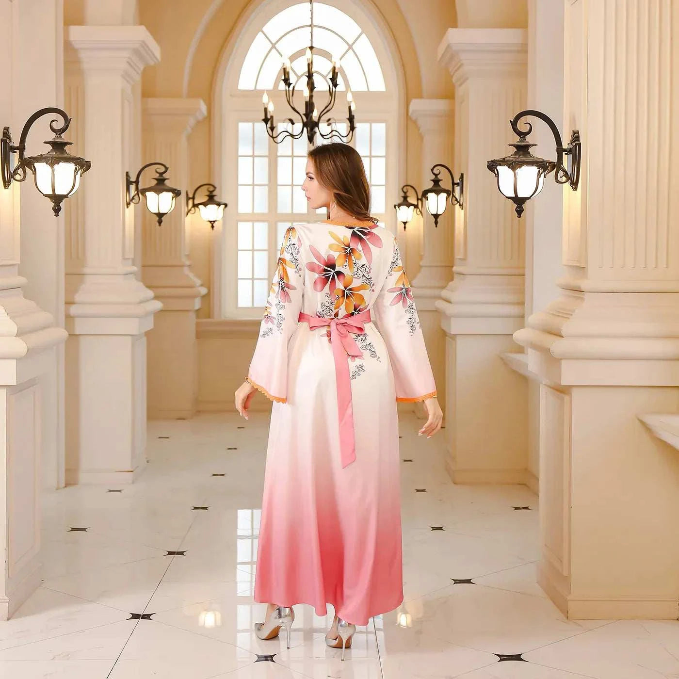 Arab Print Kaftan Abaya – Ombre Floral Satin Eid Dress -  Blue / M -  Abaya Vida