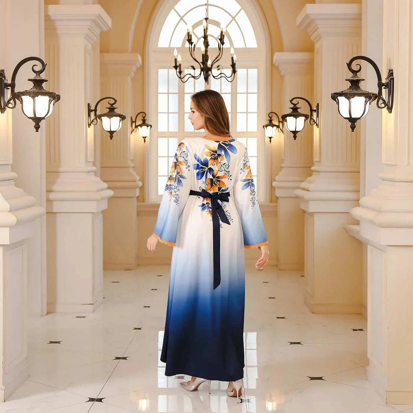 Arab Print Kaftan Abaya – Ombre Floral Satin Eid Dress -  Blue / M -  Abaya Vida