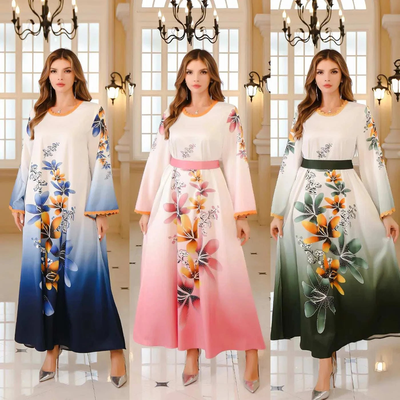 Arab Print Kaftan Abaya – Ombre Floral Satin Eid Dress -  Blue / M -  Abaya Vida